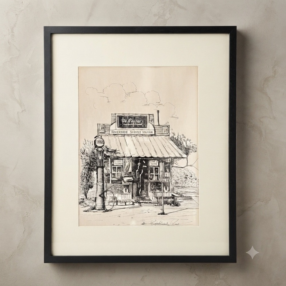 Vintage Signed Pen and Ink Riverside Service Station Art Framed